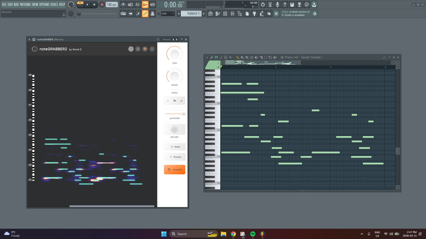 Exporting MIDI from noteGRABBER into a DAW piano roll for sample recreation.