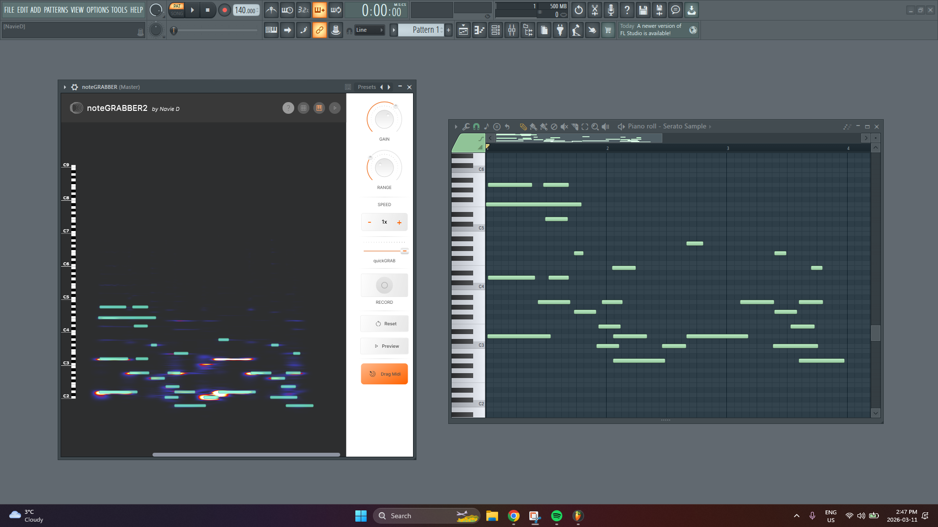 Exporting MIDI from noteGRABBER into a DAW piano roll for sample recreation.