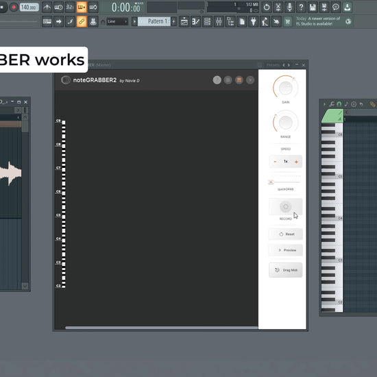 Mapping MIDI notes from a sample using noteGRABBER's visual sonogram blueprint, and then exporting it into a DAW piano roll.