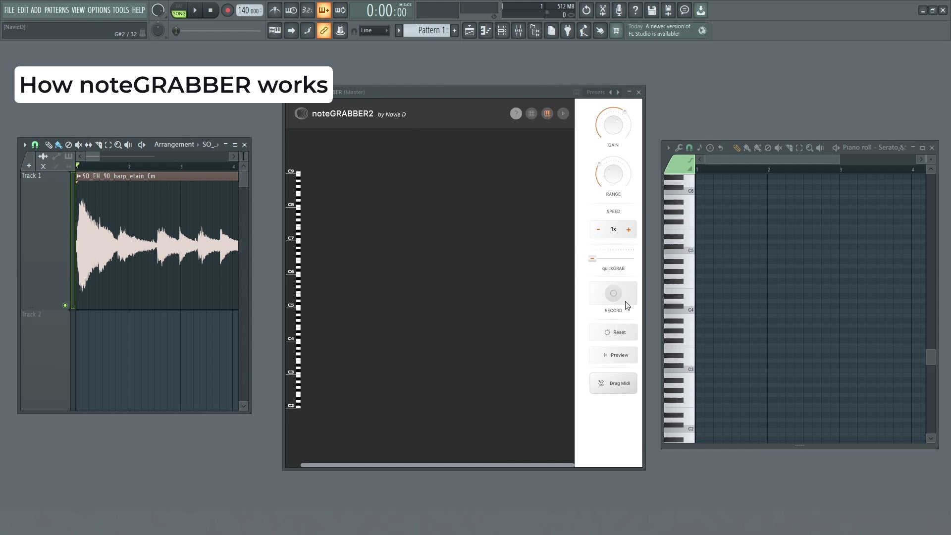 Mapping MIDI notes from a sample using noteGRABBER's visual sonogram blueprint, and then exporting it into a DAW piano roll.